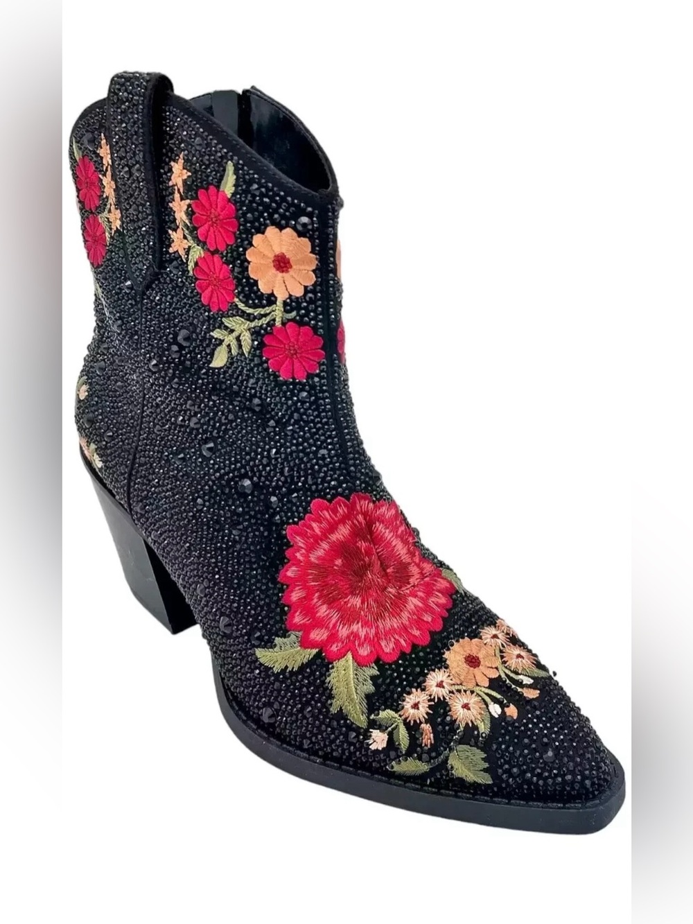 Brand new Inc Embellished rhinestone rose  Black western Ankle Boot 9.5